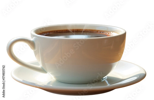 Fototapeta A steaming cup of hot coffee on a saucer against a dark background