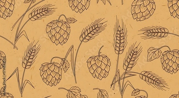 Fototapeta Hand-Drawn Beer Ingredients Pattern - Hops and Wheat on Textured Brown Paper.
