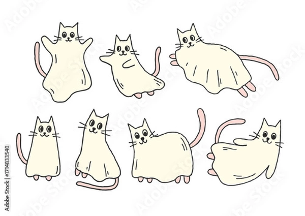 Fototapeta Cute and playful hand drawn vector smiling ghost cats in different poses. Halloween spooky characters. Whimsical kittens isolated on white for holiday design, posters. Flat cartoon illustration