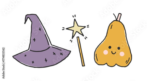 Fototapeta Cute and whimsical hand drawn vector smiling pumpkin and witch hat in flat style. Halloween spooky characters. Spooky elements isolated on white for holiday design, posters. Flat cartoon illustration