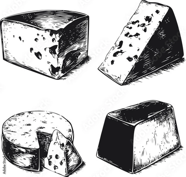 Fototapeta Cheese blocks sketch hand drawn set with textured wedge and wheel — stock vector