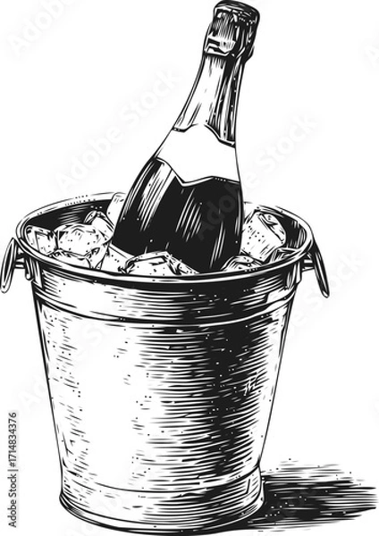 Fototapeta Champagne bottle in ice bucket sketch, hand drawn style, celebration scene — stock vector