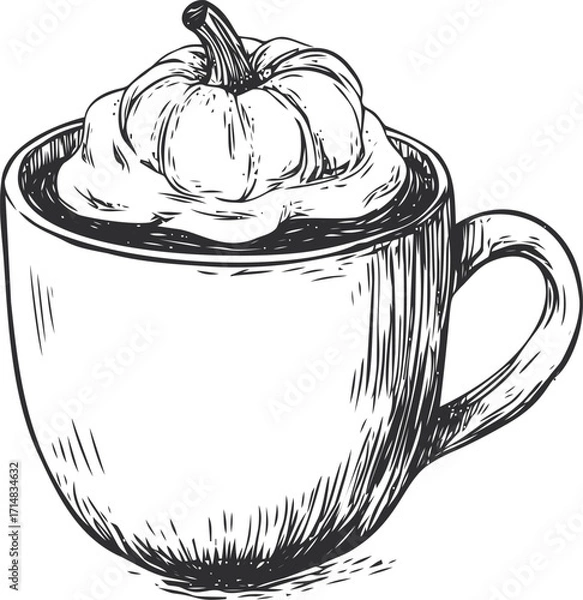 Fototapeta Pumpkin spice latte sketch hand drawn in coffee mug with whipped cream and pumpkin — stock vector