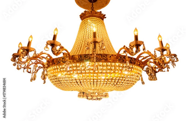 Fototapeta Elegant golden chandelier with crystal accents and warm light