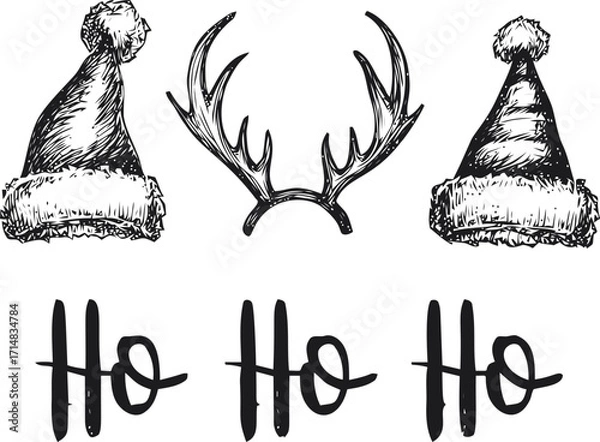 Fototapeta Santa hats sketch with reindeer antlers and Ho Ho Ho text — stock vector