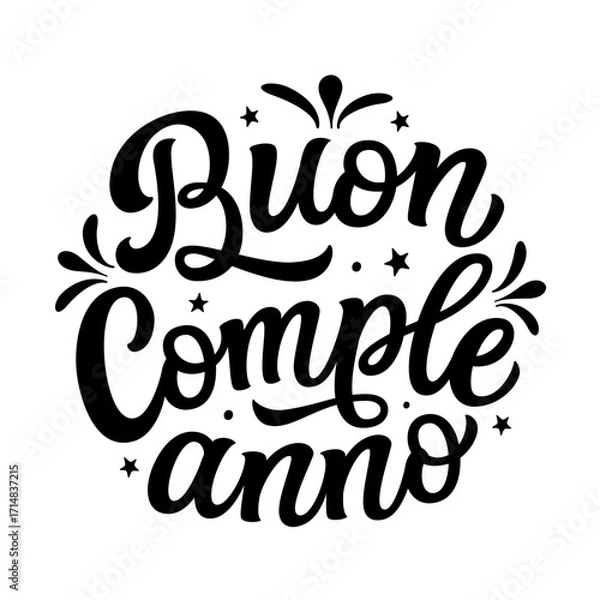 Fototapeta Happy Birthday in italian. Hand lettering text in a round shape isolated on white background. Vector typography for posters, banners, greeting cards, birthday decorations, balloons