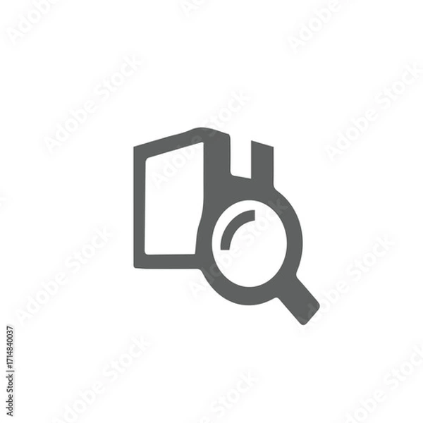 Fototapeta A minimalist grey icon of a magnifying glass searching a cardboard box, symbolizing package tracking, order inspection, and delivery status search for e-commerce and logistics