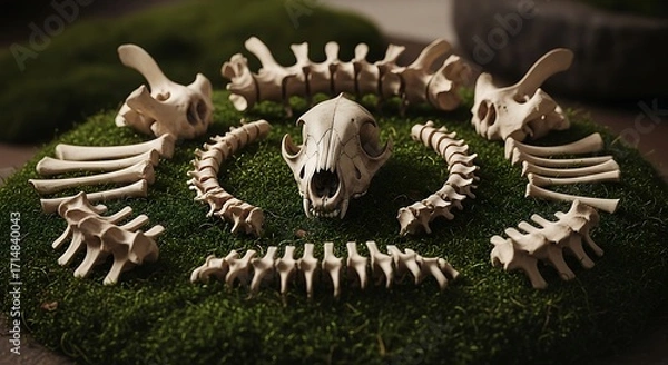 Fototapeta Earthy Altar - A Symmetrical Display of Animal Skull and Vertebrae on Green Moss.