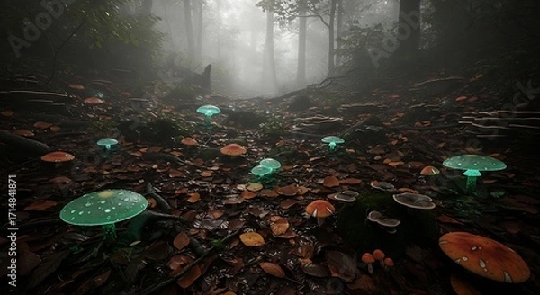 Fototapeta Ethereal Forest Floor - Bioluminescent Mushrooms Glow Amidst Misty Woodland and Enchanting Light.