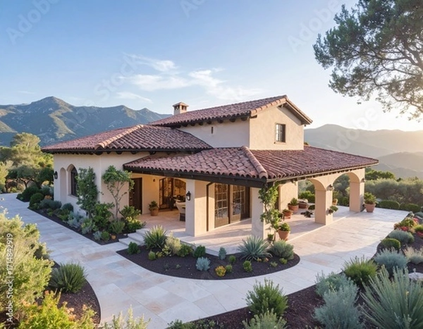 Fototapeta Mediterranean Style Residence with Intricate Details and Clay Roof Architectural Render