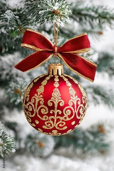Fototapeta Red Christmas bauble with golden ornament and bow hanging on snow covered fir tree branch in winter