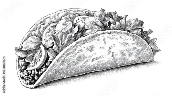 Fototapeta Vintage engraving sketch of taco with lettuce tomato meat and lemon slice detailed hand drawn food design