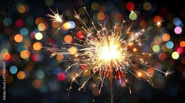 Fototapeta Sparkler glowing with golden sparks on dark background with vibrant colorful festive bokeh lights