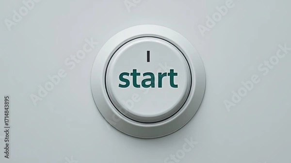 Fototapeta White round button with the word start in green letters and copy space on gray background