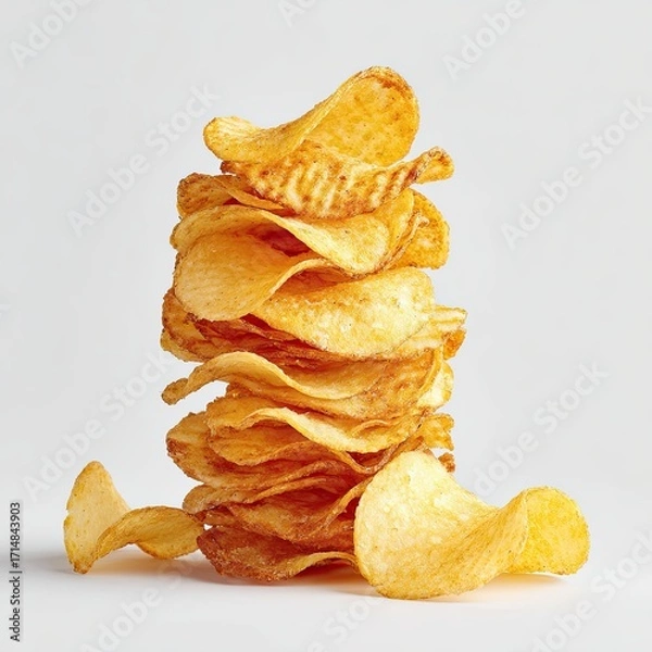 Fototapeta Golden crispy potato chips stacked high with crunchy texture isolated on white background snack concept