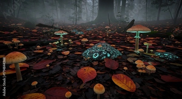 Fototapeta Enchanted Forest Floor with Bioluminescent Mushrooms and Mystical Glowing Orb.