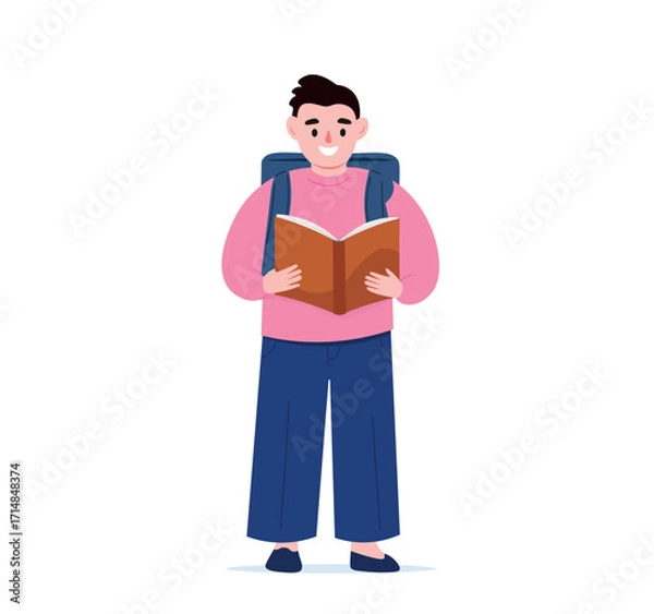 Fototapeta A student with a schoolbag on his back reads. The boy holds a book, standing at full height. Vector flat graphics.