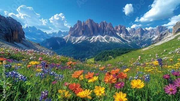 Fototapeta Colorful alpine meadow with mountains