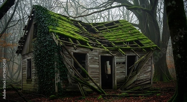 Fototapeta Decaying Cabin - Moss-Covered Roof and Collapsing Walls in a Misty Forest.