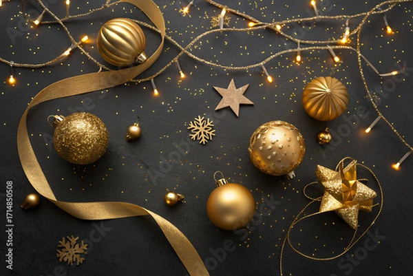 Fototapeta Golden Christmas Decorations: A top-down shot presents an artful arrangement of shimmering gold ornaments, intricate snowflakes, and festive string lights.