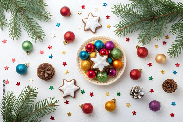 Fototapeta Festive Delights: An overhead shot of a charming arrangement features star cookies, colorful ornaments, pine sprigs, and shimmering confetti against a flat, uniform backdrop.