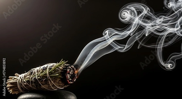 Fototapeta Smoldering Sage Bundle - Ethereal Smoke Trails Against Dark Backdrop, Spiritual Cleansing Ritual.