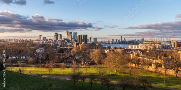 Fototapeta An afternoon view from Greenwich Park, London, England, United Kingdom overlooking the Thames, the O2 arena and Canary Wharf