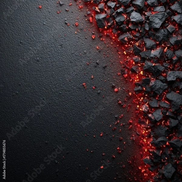 Fototapeta Burning coals and glowing red embers on rough textured stone surface