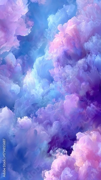Fototapeta Magical abstract cloudscape with sparkling pink and purple clouds in dreamy pastel sky