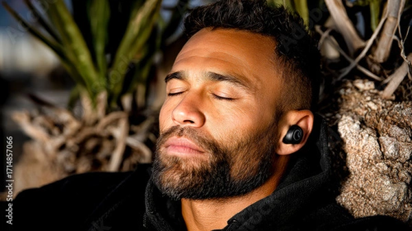 Fototapeta A close-up portrait of a man with closed eyes listening to music on a wireless earbud outdoors.