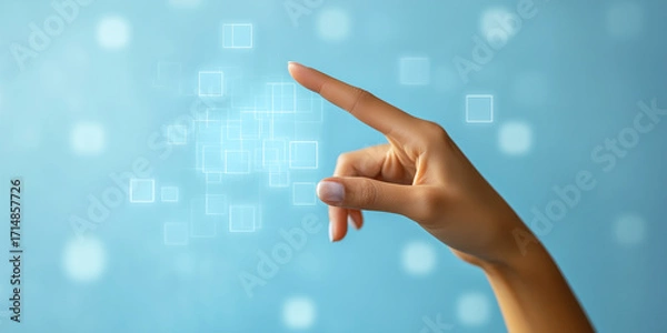 Fototapeta Hand touching digital interface with floating squares and blue background, clean background photo