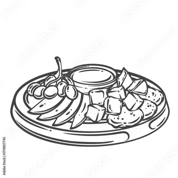 Fototapeta Cheese cubes, fruits, olives, and dip arranged on a round wooden plate. Outline vector illustration in vintage doodle style for winery menu, food packaging, bar decor, or tasting events.