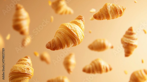 Fototapeta Floating croissants in golden light creating a dreamy bakery atmosphere, image with copy space