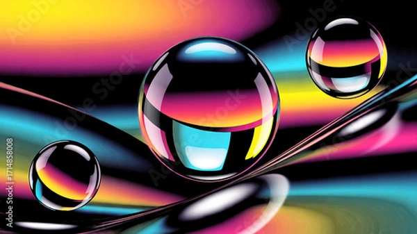 Fototapeta Futuristic 3D abstract illustration and background of glossy chrome spheres floating over iridescent fluid waves in vibrant neon gradient colors, perfect for digital art and design projects