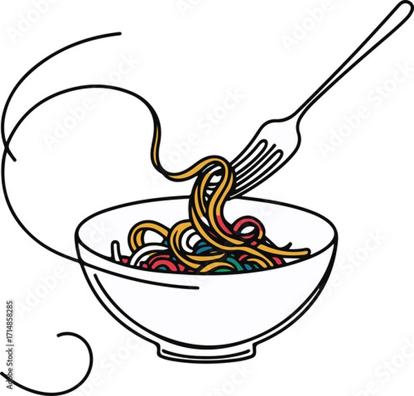 Fototapeta Black bold outline with white background, Black bold outline with white background, Minimal line art of pasta bowl with fork twirling noodles  3