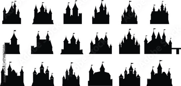 Fototapeta Castle silhouette collection, black vector icons, medieval fortress design, fantasy architecture clipart, turrets and flags, fairytale castle graphic set