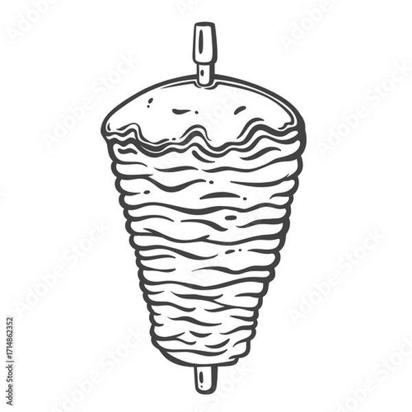 Fototapeta Stack of sliced meat on vertical skewer, hand drawn in bold doodle style. Traditional street Turkish food icon for fast food packaging, menu, or poster. Vector illustration.