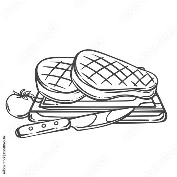 Fototapeta Beef steak two slices on wooden board with knife and tomato serving line icon. Outline hand drawn sketch of beefsteak, barbecue meat meal. BBQ restaurant mascot, steak house menu vector illustration