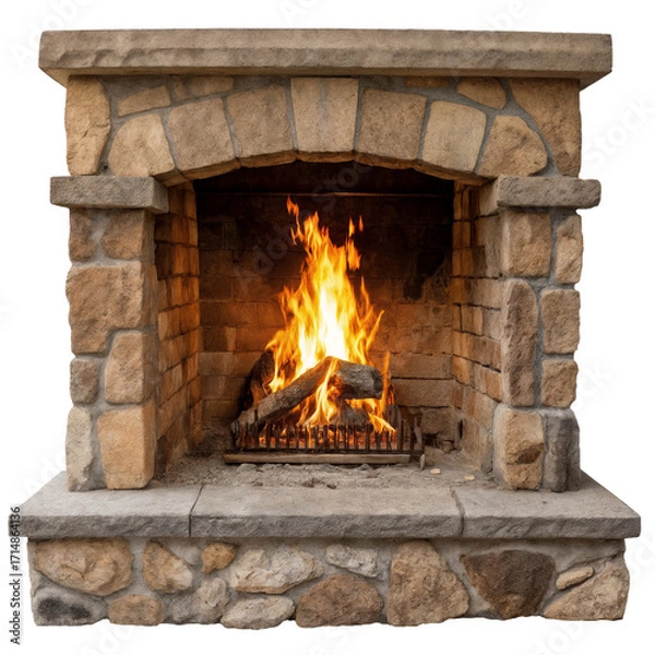 Fototapeta Brick old rustic stone fireplace with burning fire isolated on transparent background in png format