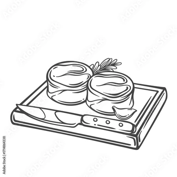 Fototapeta Two round steaks on rectangle wooden board with knife line icon. Outline hand drawn sketch of raw tenderloin meat and garlic for cooking meal. Kitchen, dinner mascot, fresh steaks vector illustration