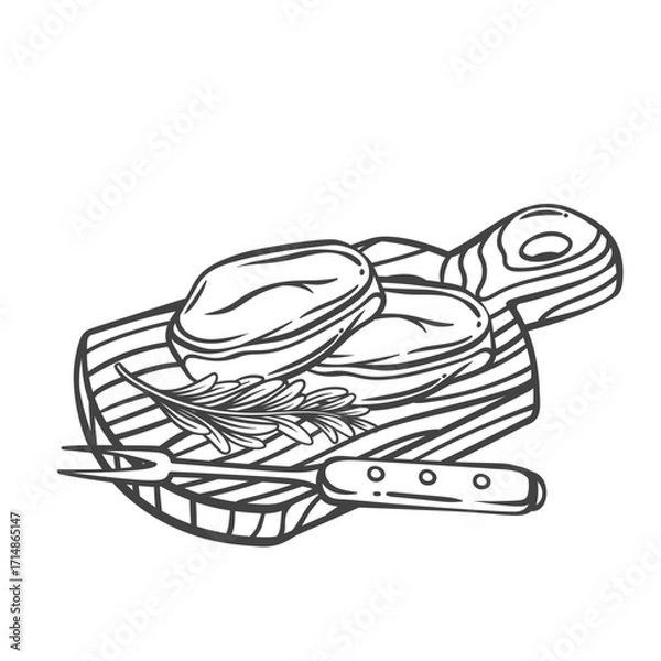 Fototapeta Meat steak two slices on wooden board with fork line icon. Outline hand drawn sketch of raw beefsteaks and rosemary to cook, fry or grill. Restaurant menu, butchery mascot, steaks vector illustration