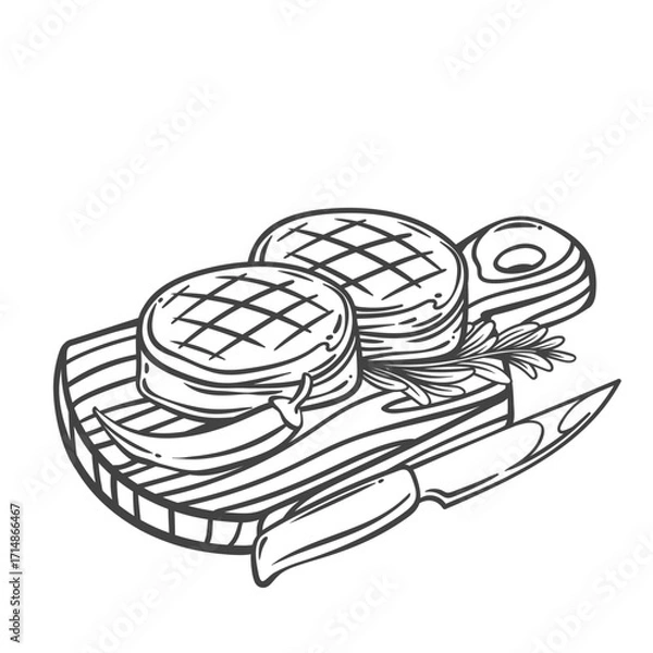 Fototapeta Filet mignon steaks on wooden board with knife and chili pepper line icon. Outline hand drawn sketch of tenderloin meat cuts with rosemary. BBQ, restaurant menu mascot, steak icon vector illustration