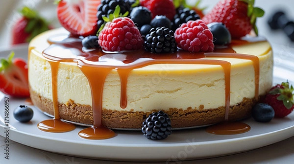 Fototapeta Cheesecake with Caramel Drizzle and Mixed Berries 3