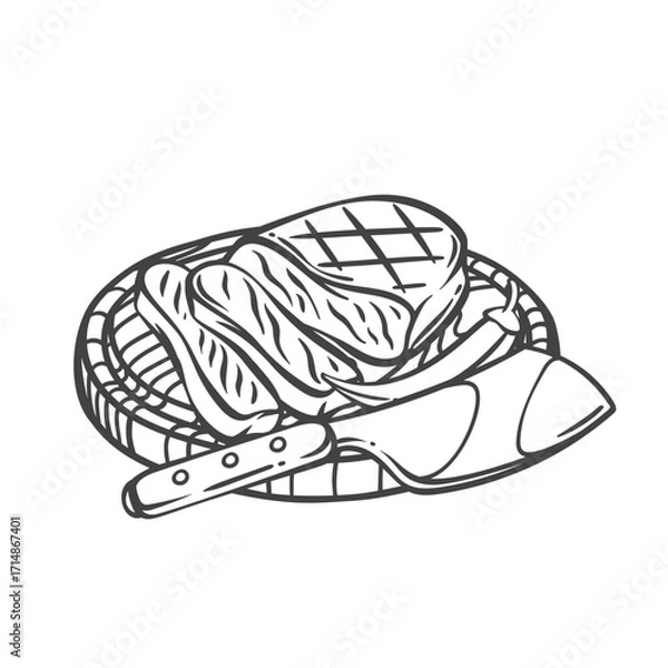 Fototapeta Beef steak cut into slices on wooden board line icon. Outline hand drawn sketch of sliced beefsteak with knife, sirloin and chili pepper. BBQ meat, menu mascot, gourmet steak icon vector illustration