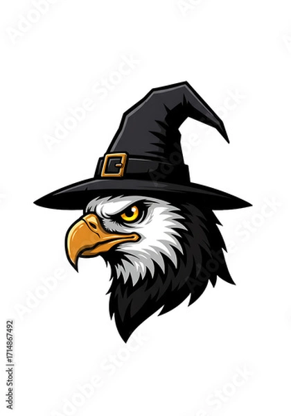 Fototapeta Majestic bald eagle wearing a black witch hat with golden buckle against a dark background