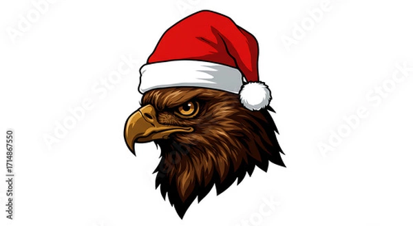 Fototapeta Fierce eagle head wearing a festive red santa hat with white trim on a black background