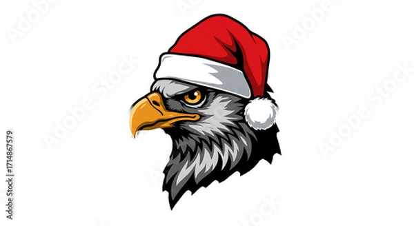Fototapeta Close up profile of a fierce eagle wearing a festive red santa hat against a dark background