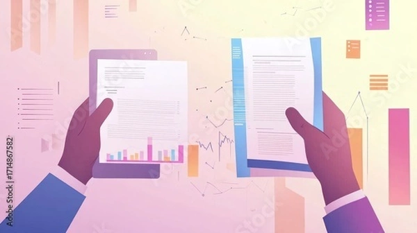 Fototapeta Hands reviewing documents, data analysis, office background, financial report