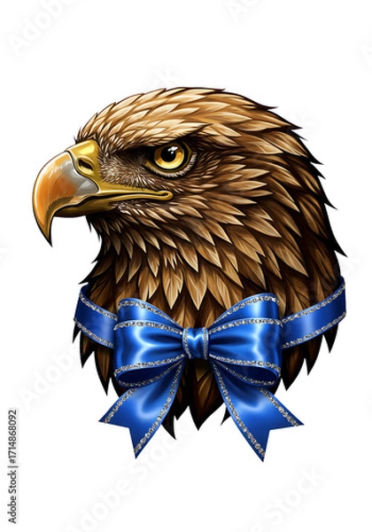Fototapeta Majestic eagle head with blue ribbon bow on black background symbolizing freedom and patriotism
