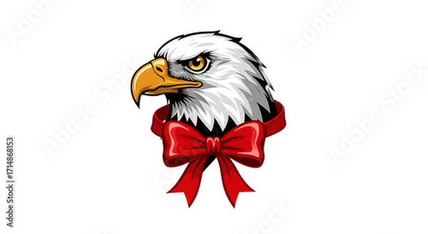 Fototapeta Majestic bald eagle head with piercing eyes adorned with a vibrant red bow against a stark black background